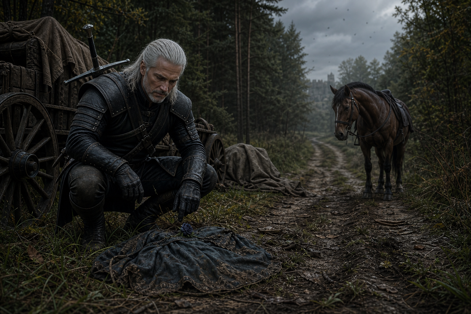 Geralt bada ciała podróżnych i zwiędłą niebieską różę na leśnym trakcie