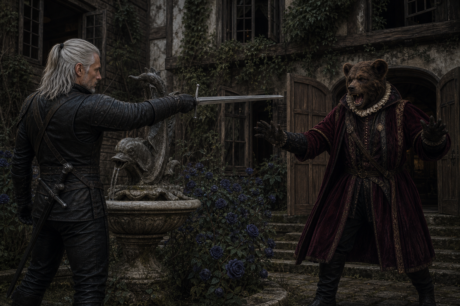 Geralt spotyka Nivellena pośród niebieskich róż na zaniedbanym dziedzińcu