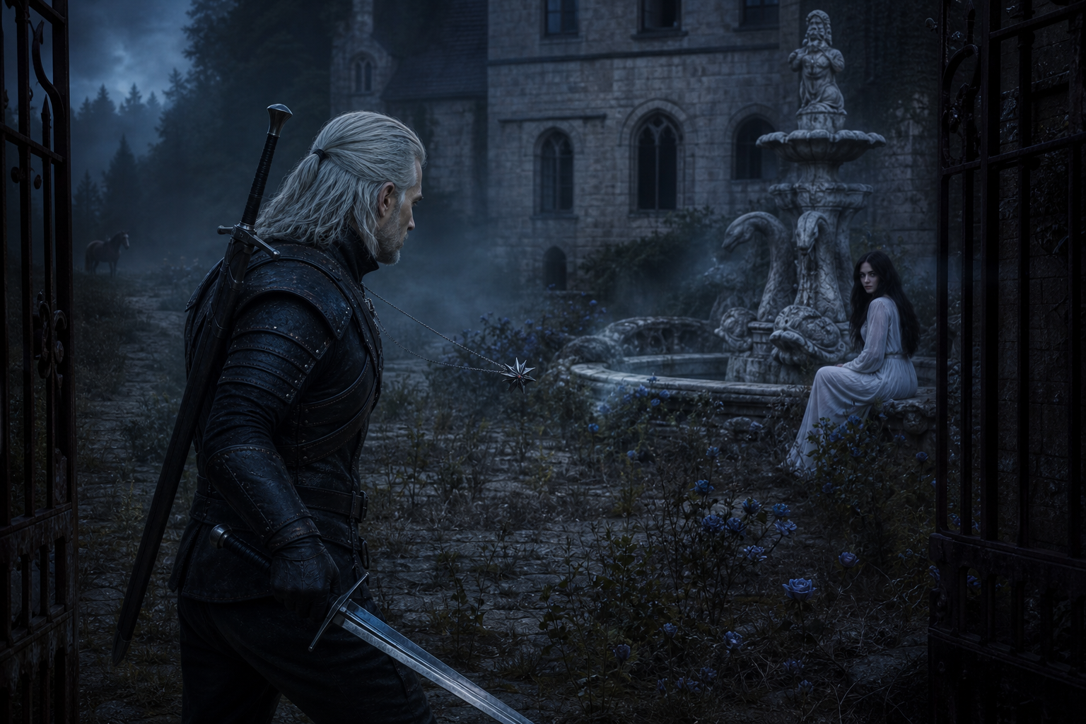 Geralt z dobytym srebrnym mieczem wraca na dziedziniec, gdzie czeka Vereena