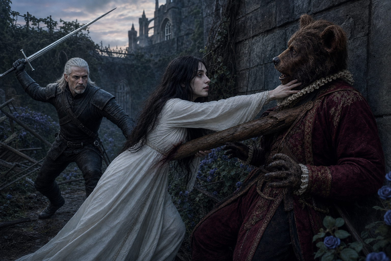 Vereena przesuwa się po żerdzi w stronę rannego Nivellena, a Geralt rusza mu na pomoc