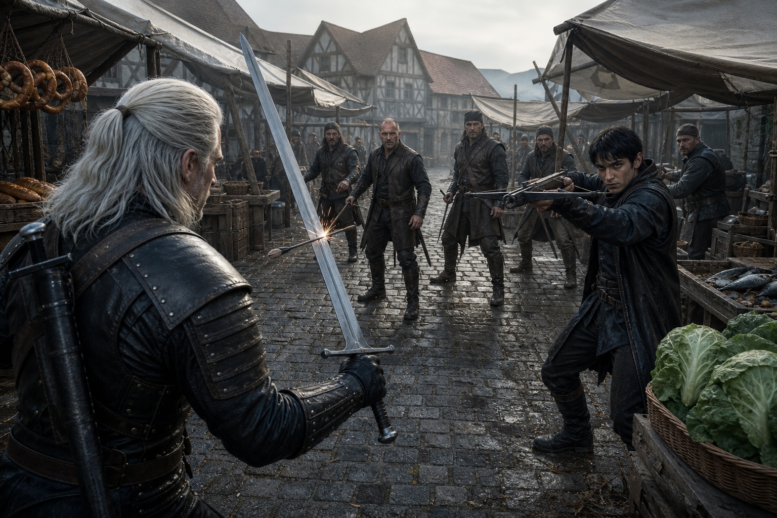 Geralt odbija mieczem bełt wystrzelony przez Civrila