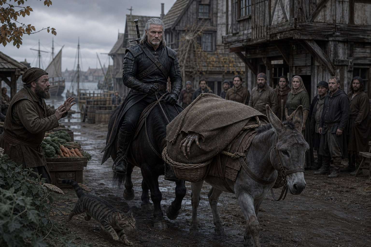 Geralt wjeżdża do Blaviken z owiniętą kikimorą na ośle