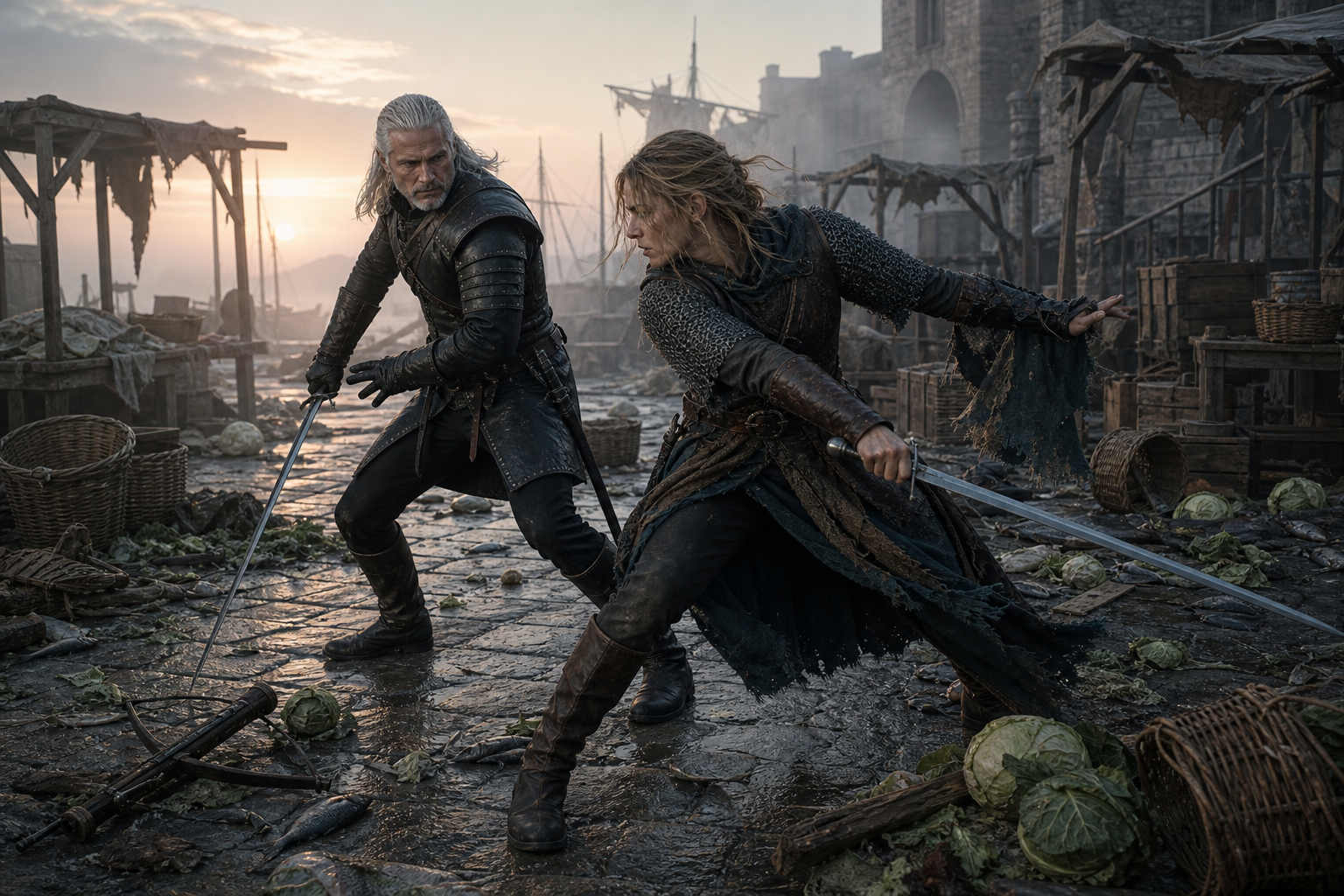 Geralt i Renfri krzyżują miecze na opustoszałym rynku Blaviken