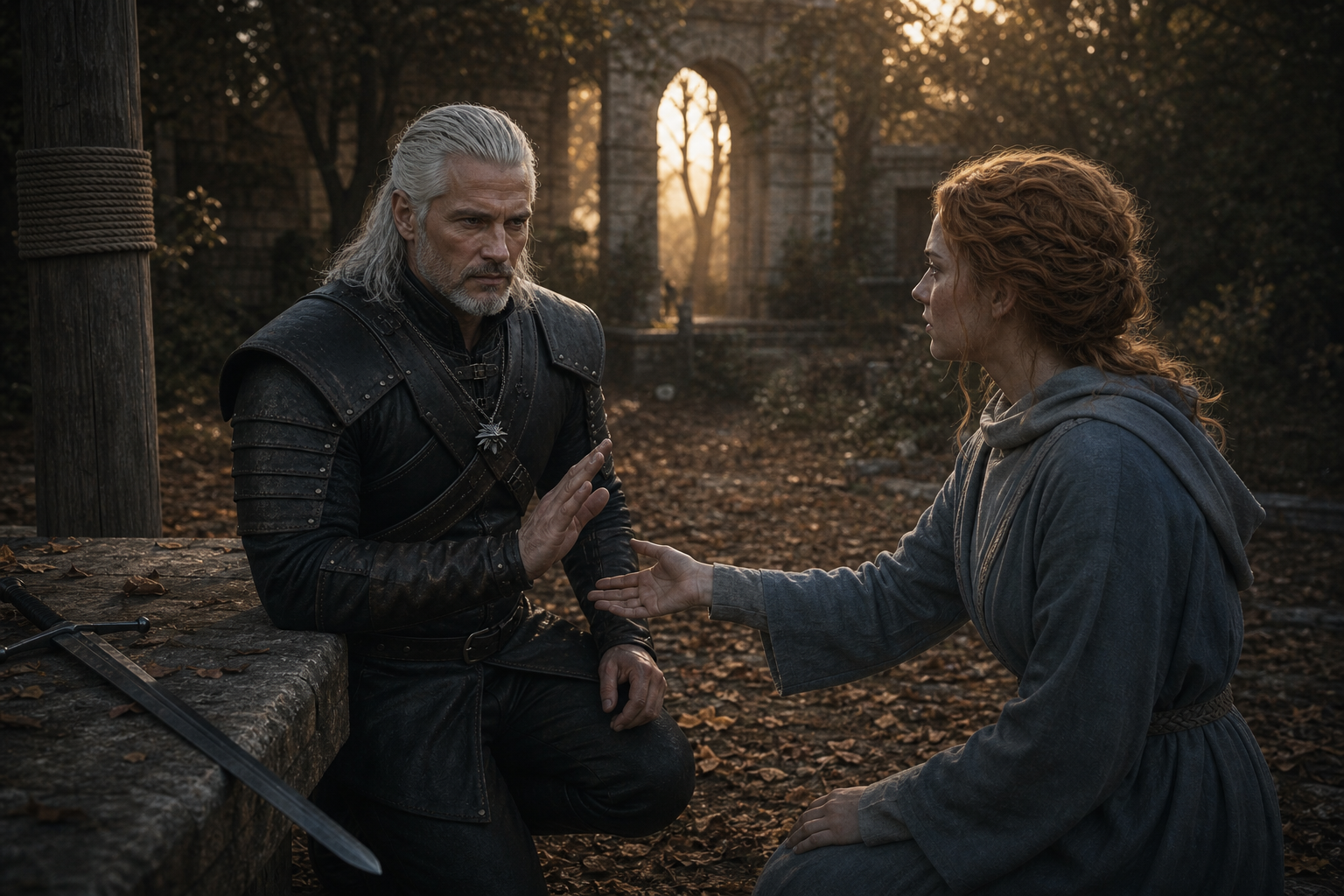 Geralt cofa dłoń przed dotykiem Ioli w zapadającym zmierzchu