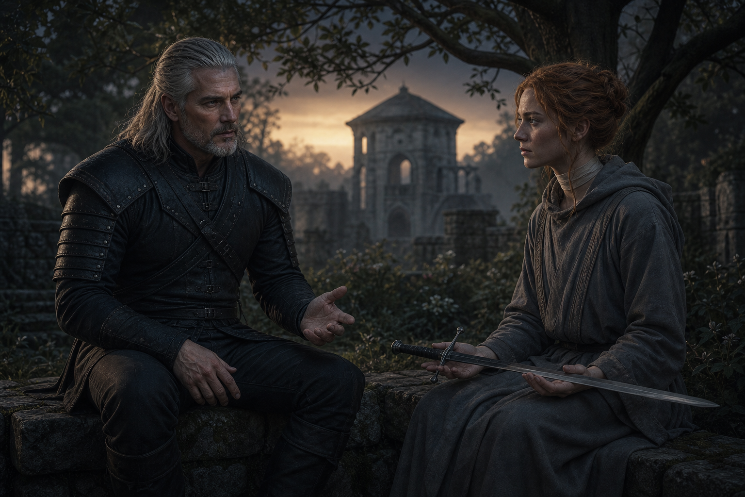 Geralt opowiada Ioli o swoim pochodzeniu w świątynnym ogrodzie
