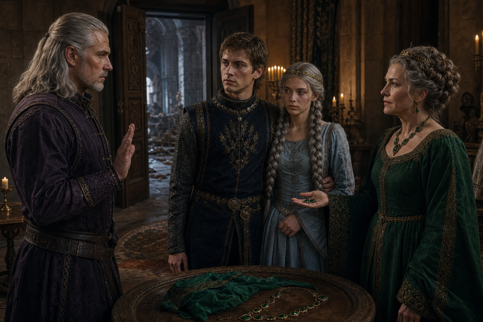 Geralt ogłasza Prawo Niespodzianki przed Dunym, Pavettą i Calanthe