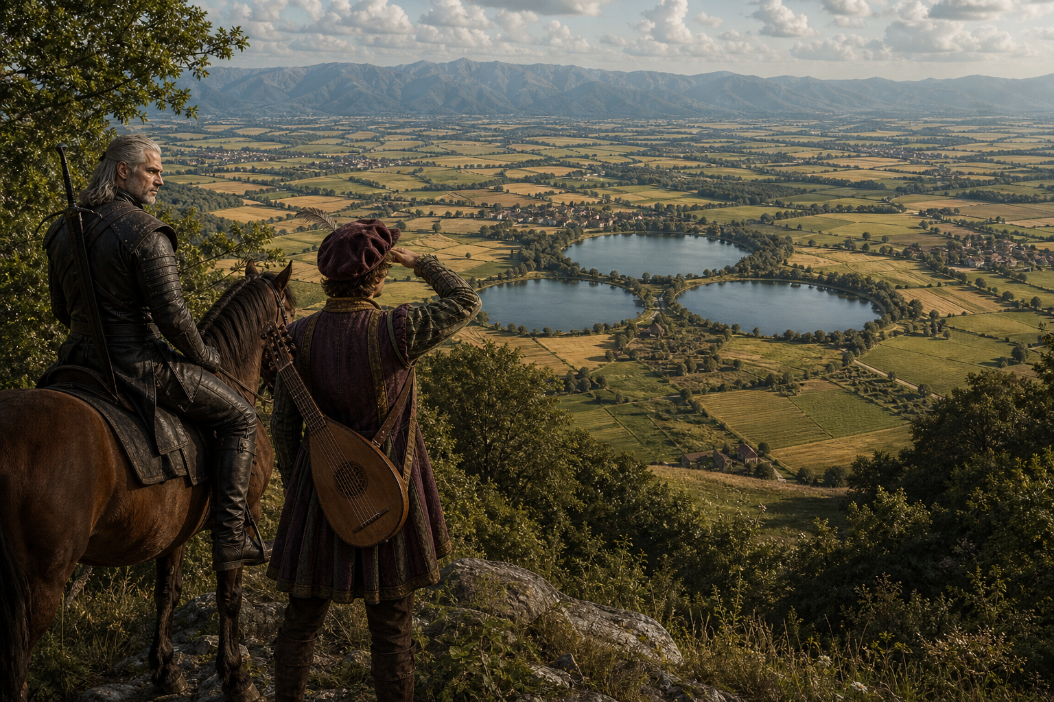 Geralt i Jaskier oglądają z grzbietu wzgórza trzy jeziora i pola Doliny Kwiatów
