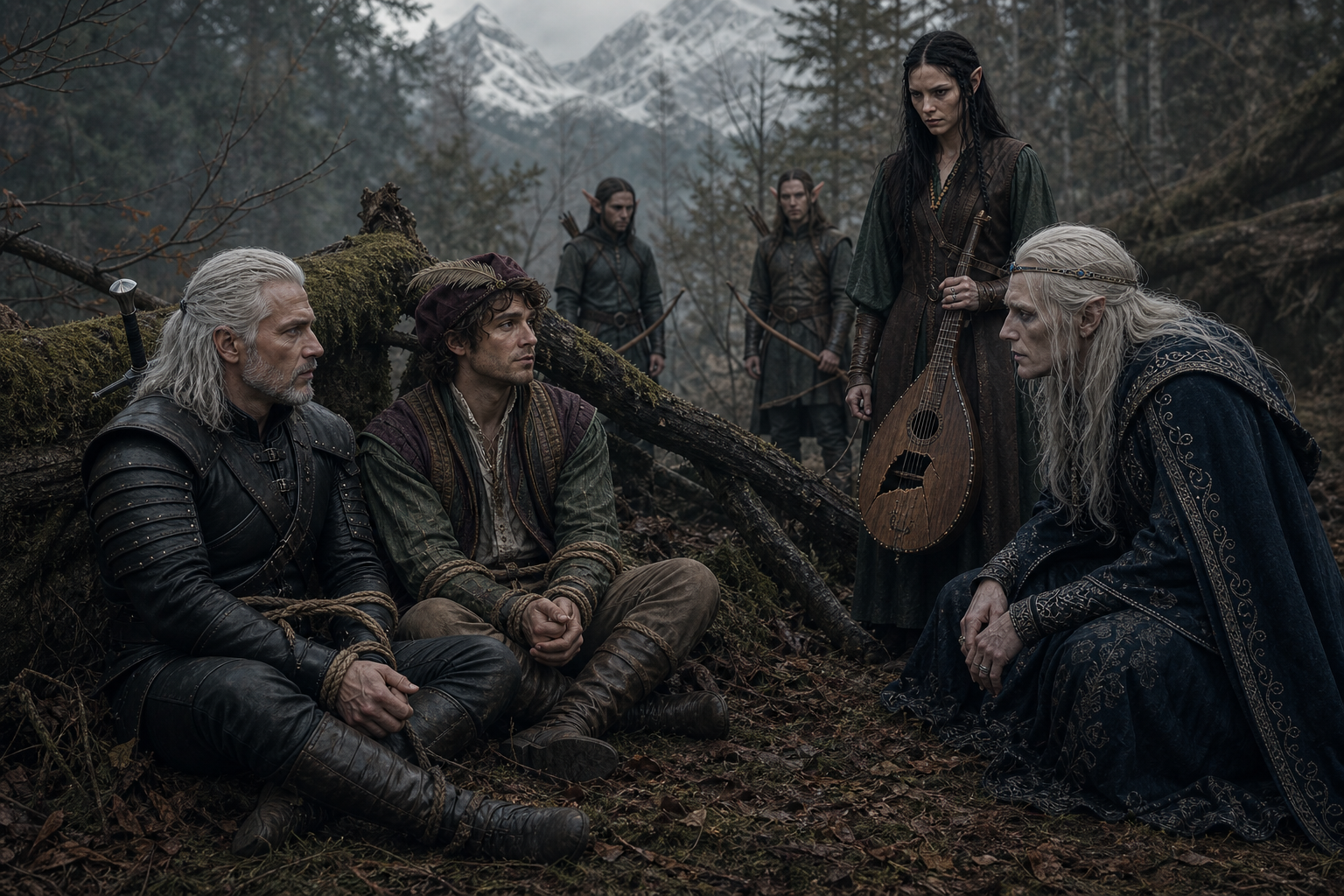 Związani Geralt i Jaskier słuchają Filavandrela w górskim lesie