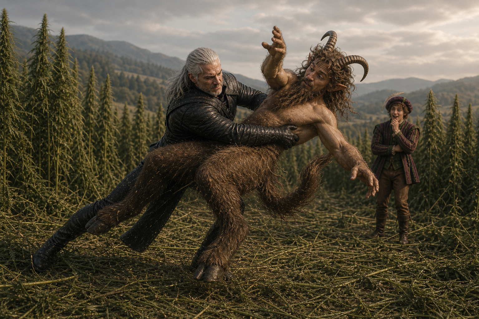 Geralt wytrąca Torque'a z równowagi podczas zapasów w polu konopi, a Jaskier obserwuje pojedynek