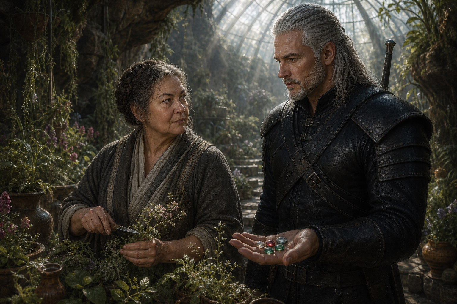 Nenneke pielęgnuje rośliny, gdy Geralt pokazuje jej kamienie ze zlecenia