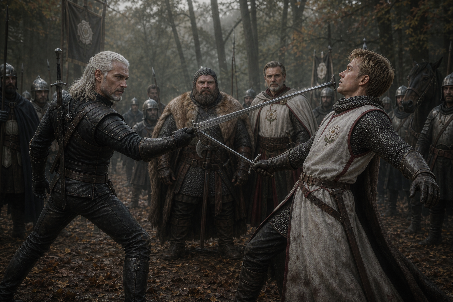 Geralt odbija klingę Taillesa tak, że miecz zawraca ku rycerzowi