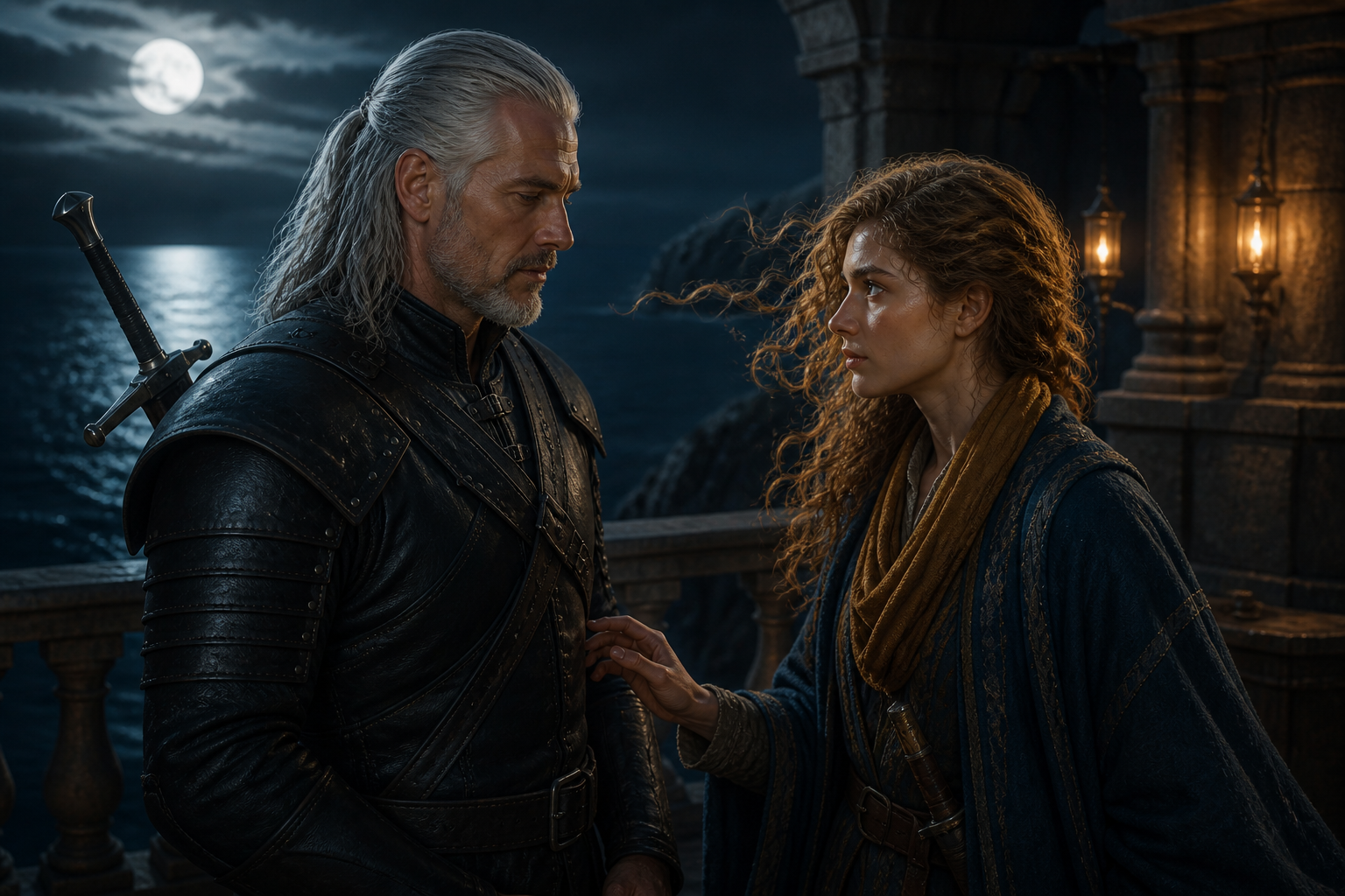Geralt i Essi rozmawiają nad morzem