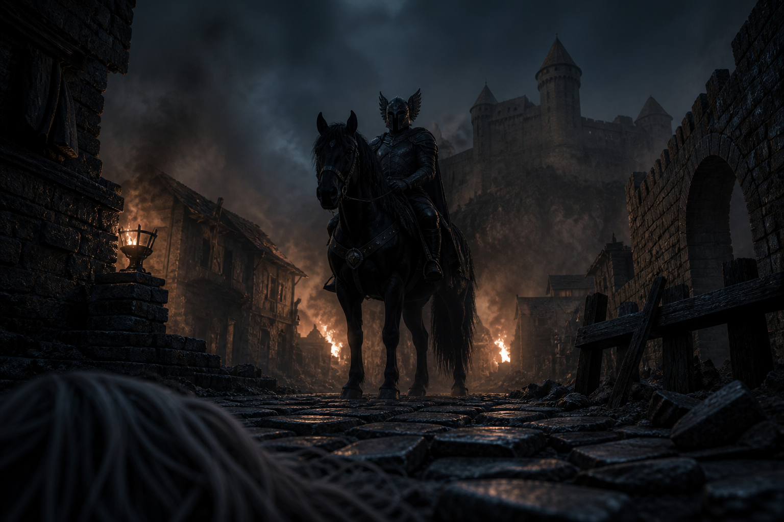 Z perspektywy Ciri czarny jeździec w skrzydlatym hełmie góruje nad płonącą ulicą Cintry.