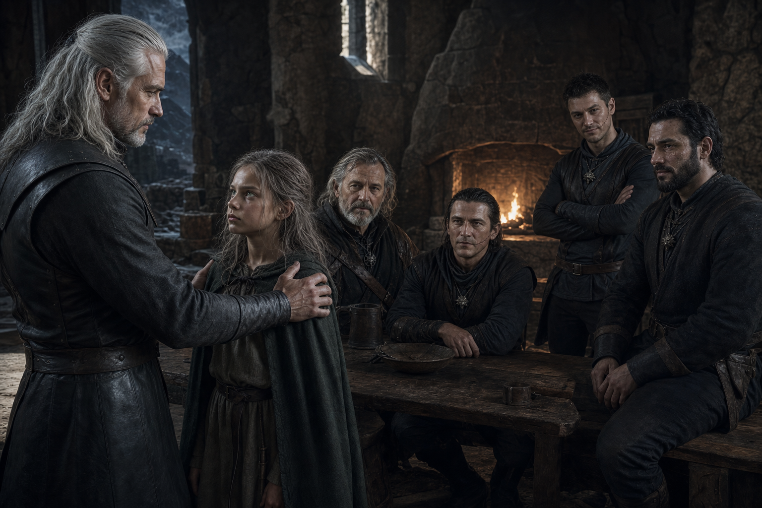 Geralt przedstawia Ciri wiedźminom zgromadzonym przy palenisku Kaer Morhen.