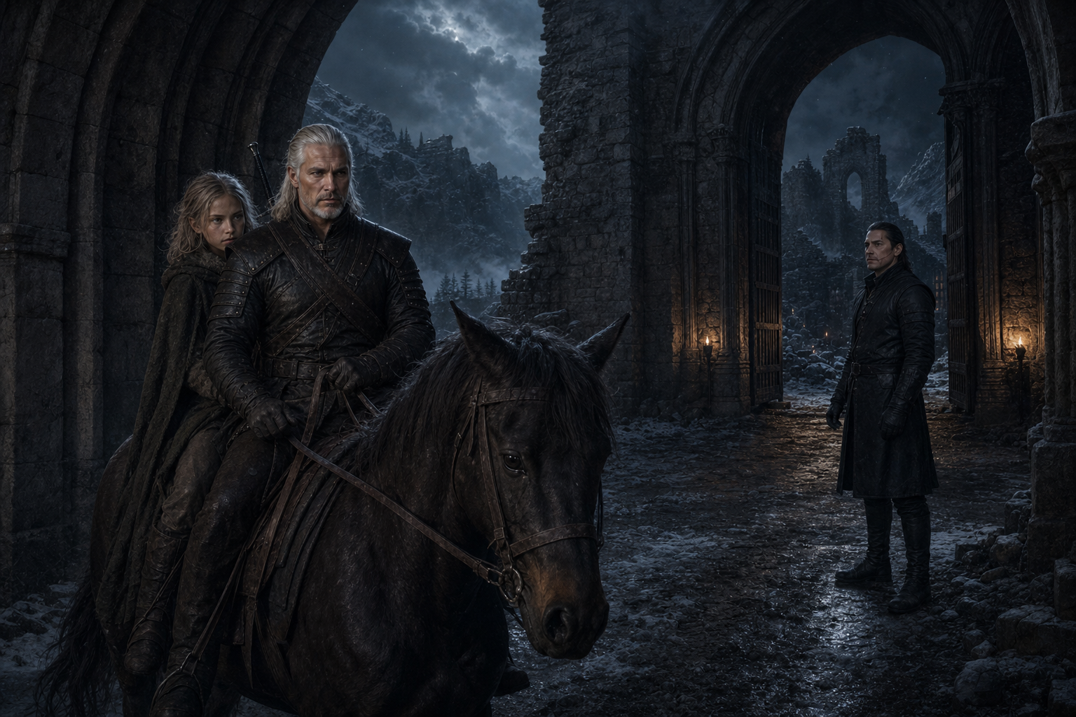 Geralt i Ciri wjeżdżają nocą do ruin Kaer Morhen, witani przez Eskela.