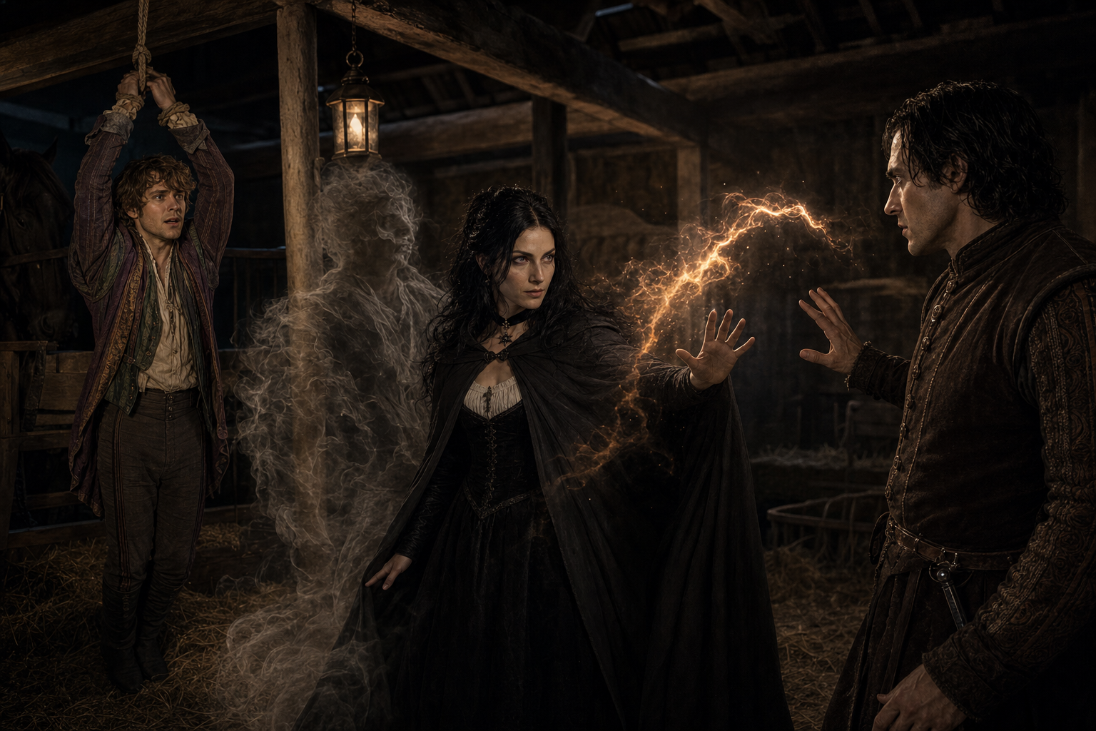 Yennefer staje między związanym Jaskrem a Rience'em w rozświetlonym magią chlewie.