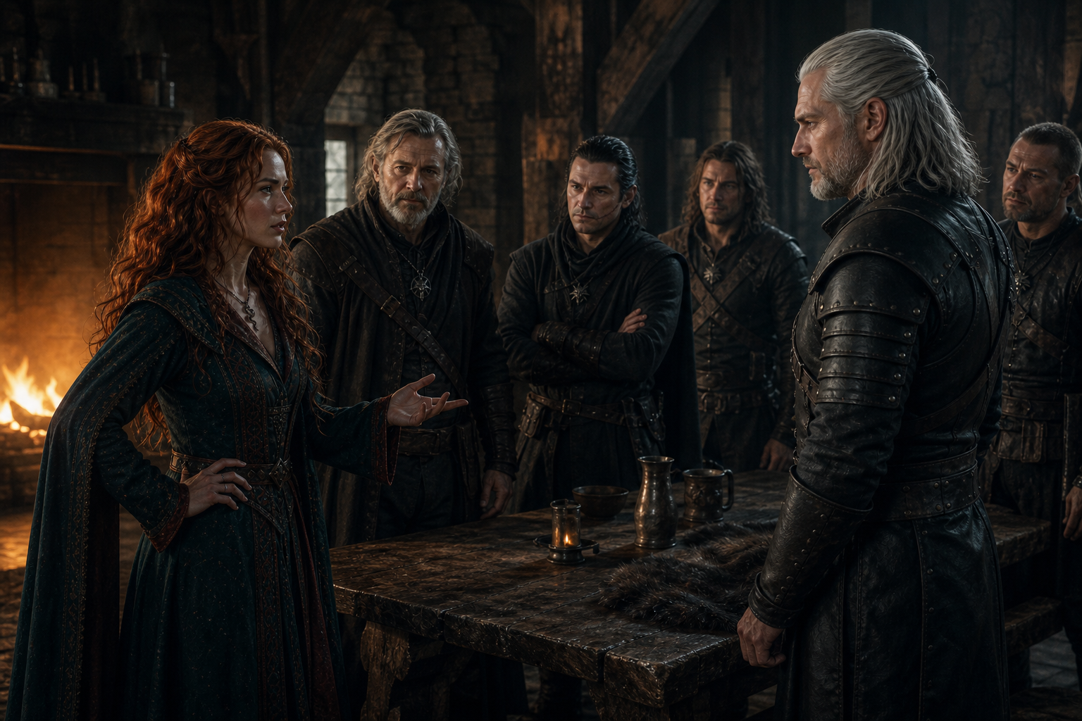 Triss stanowczo przemawia do wiedźminów zgromadzonych w wielkiej halli.