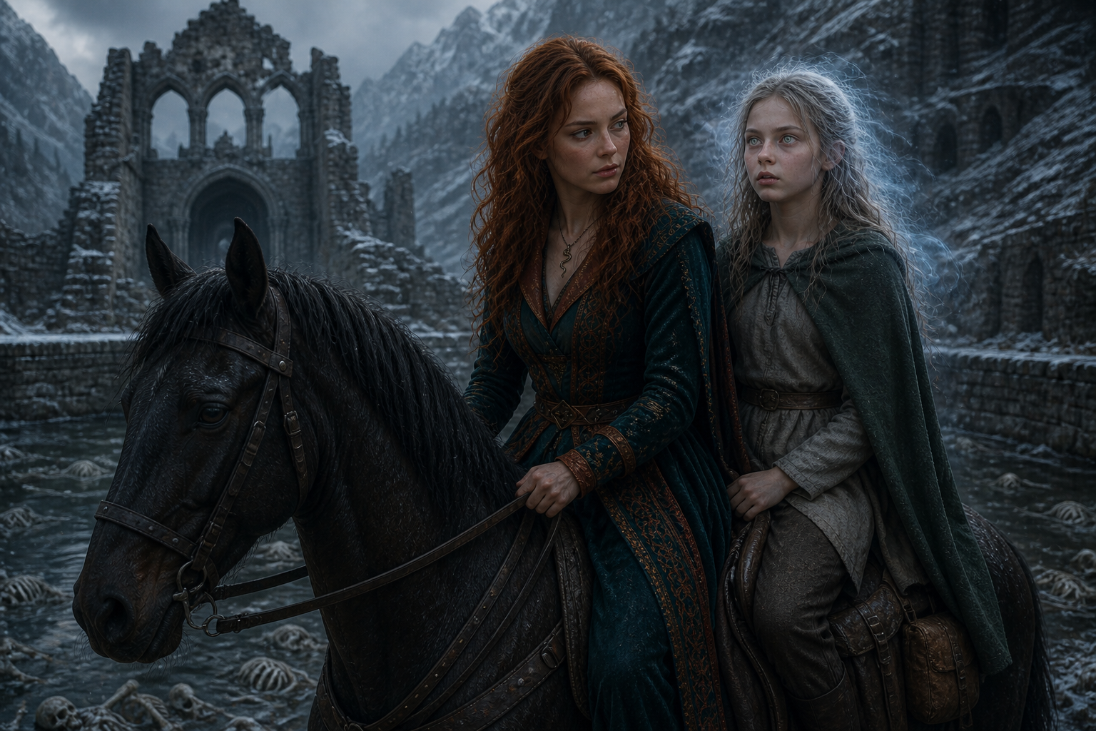 Ciri przemawia w transie przy fosie pełnej kości pod murami Kaer Morhen.