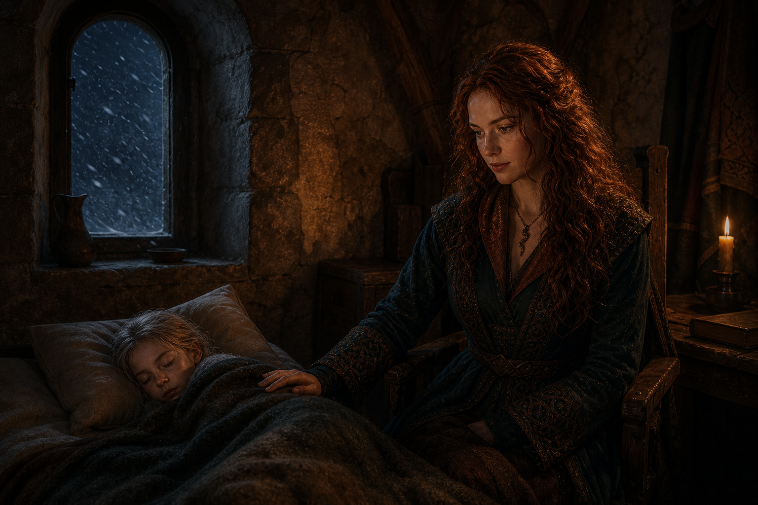 Ciri śpi przy Triss w komnacie Kaer Morhen podczas śnieżycy.