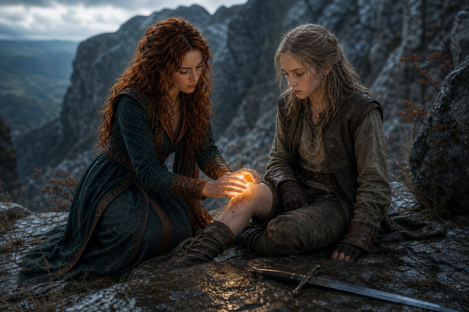 Triss leczy kolano Ciri na skalnym odcinku wiedźmińskiego Szlaku.