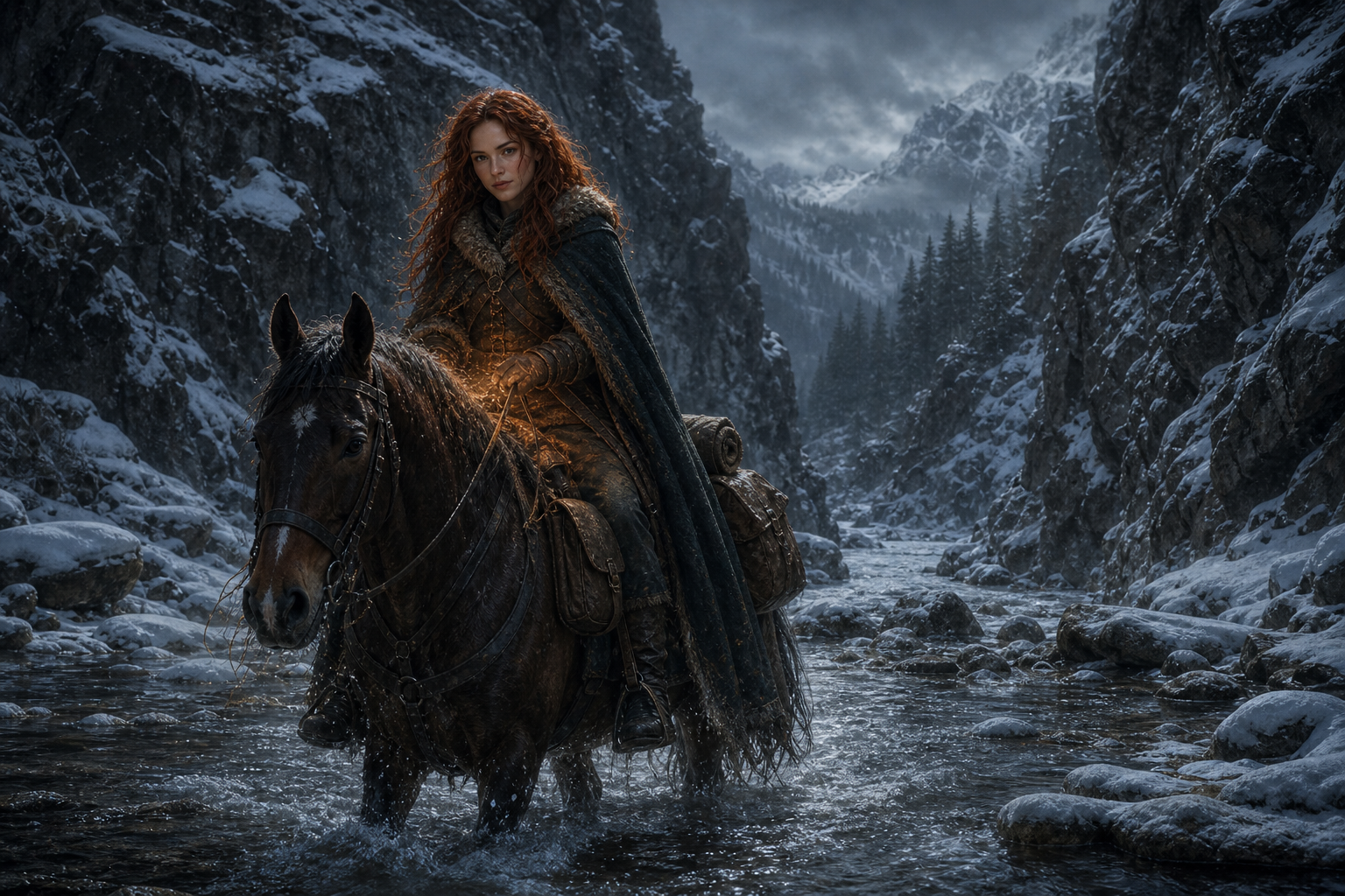 Triss Merigold przejeżdża konno przez ośnieżony górski strumień.