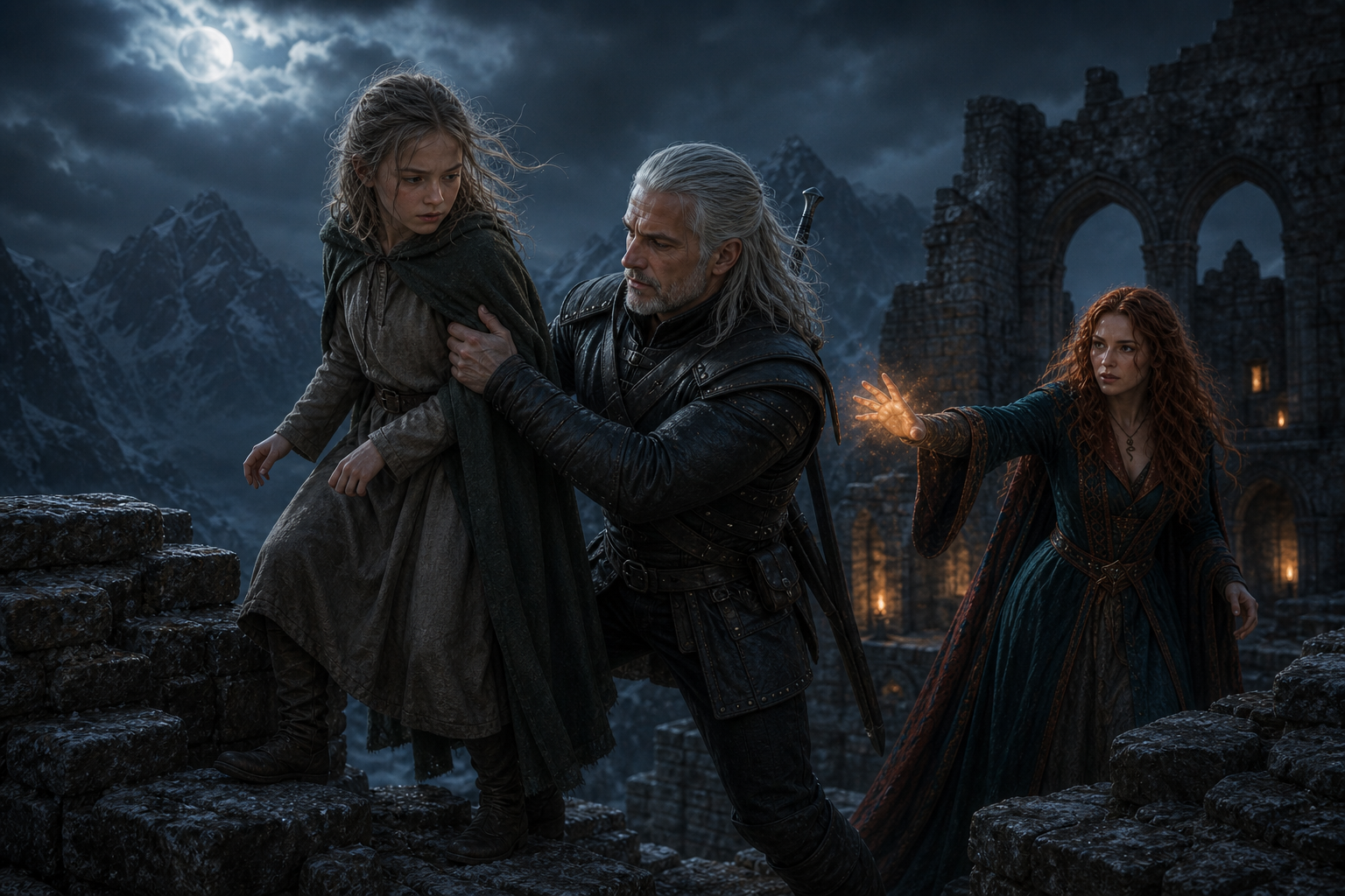 Geralt chwyta spadającą Ciri na murach Kaer Morhen.