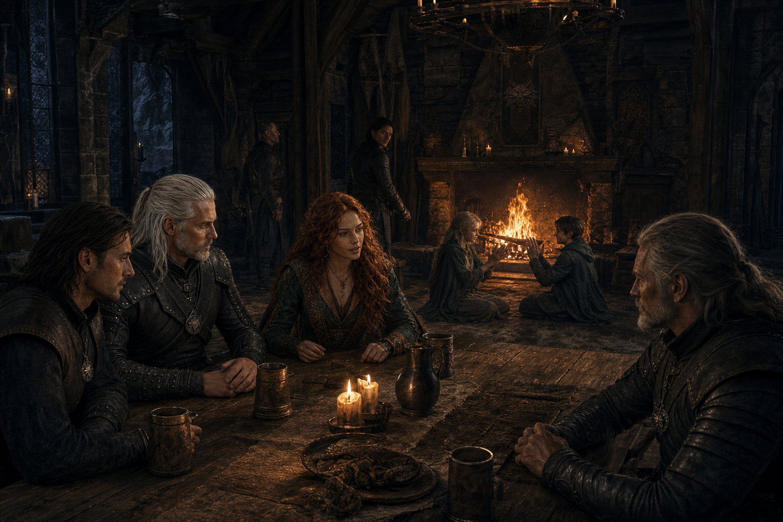 Triss rozmawia z wiedźminami przy stole, gdy Ciri i Coën grają w łapki.