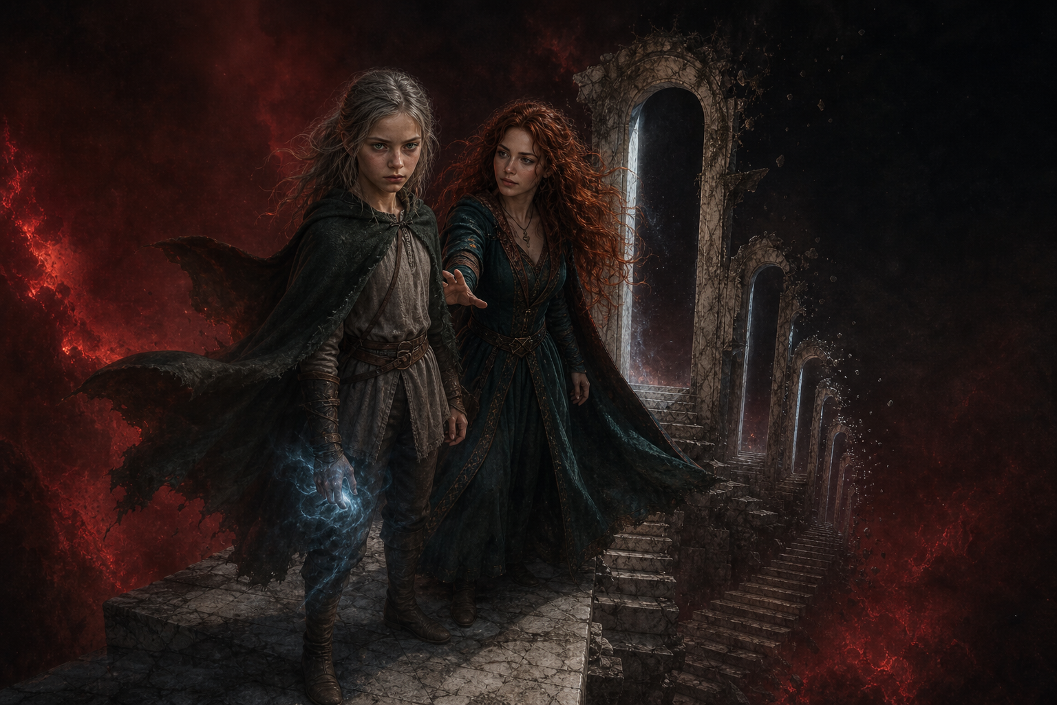 Ciri i Triss stoją nad czerwoną otchłanią, przy schodach i rzędzie świetlistych drzwi.