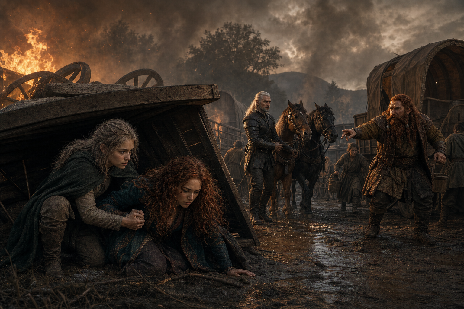Ciri ciągnie ranną Triss pod wóz podczas bitwy przy płonącym konwoju.