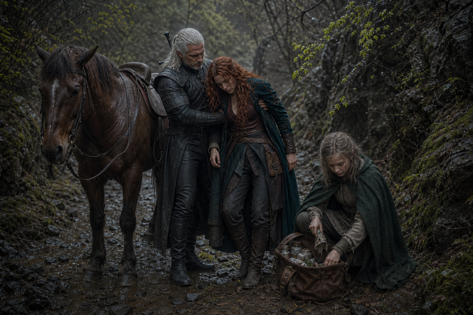 Geralt i Ciri pomagają chorej Triss zejść z konia na odludnym szlaku.
