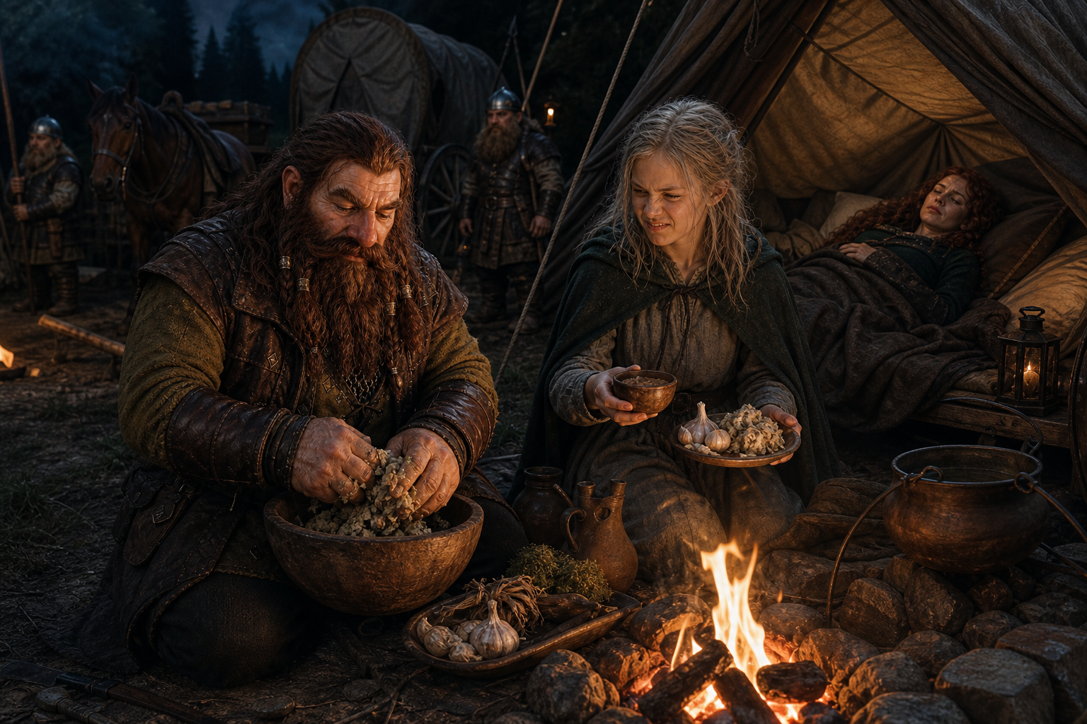 Yarpen i Ciri przygotowują przy ognisku lekarstwo dla chorej Triss.