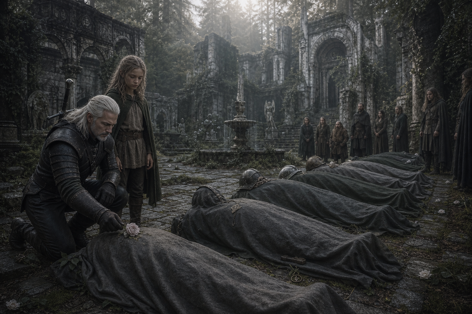 Geralt składa poplamioną krwią białą różę na ciele poległej elfki.