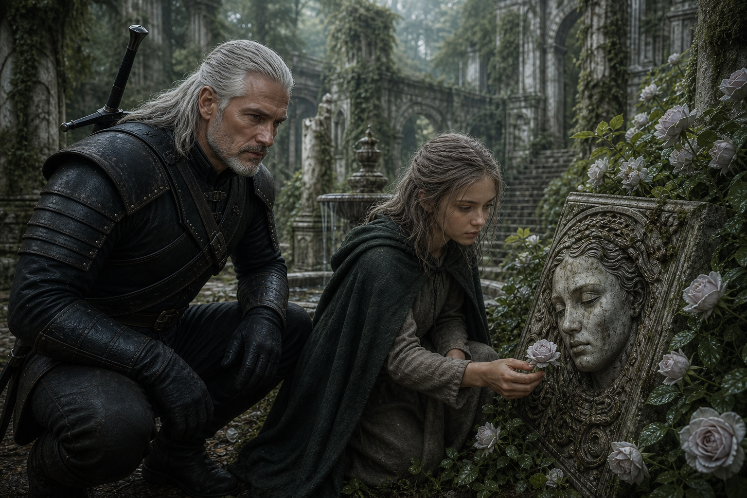 Geralt i Ciri stoją przy białoliliowych różach w ruinach Shaerrawedd.