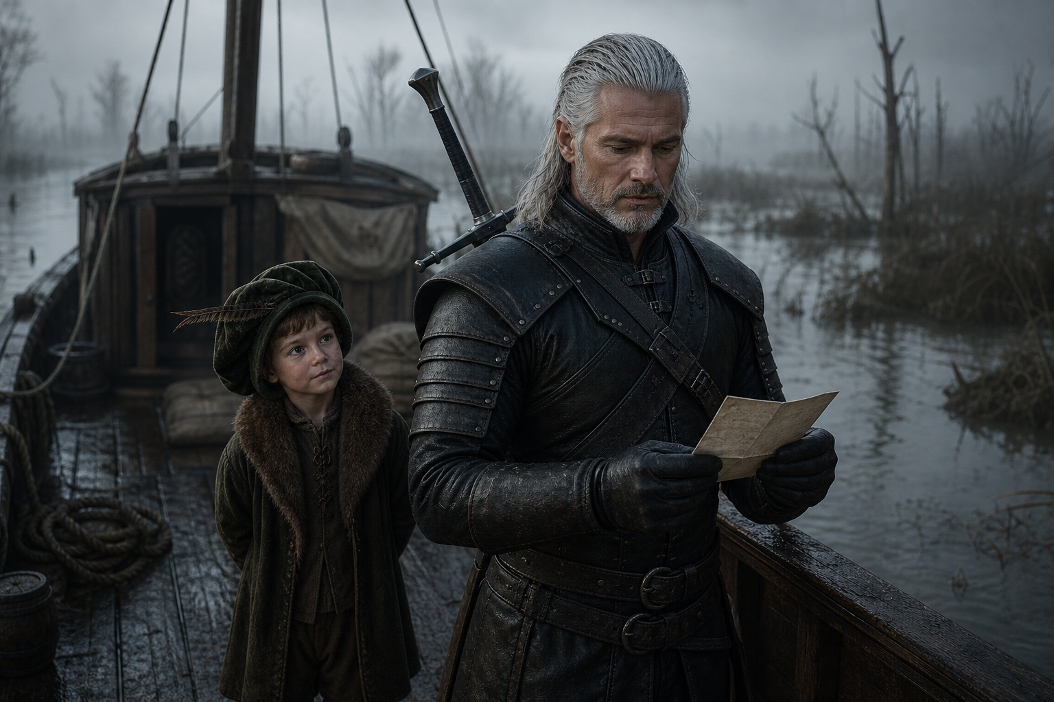 Geralt czyta list na pokładzie szkuty płynącej przez mglistą deltę.