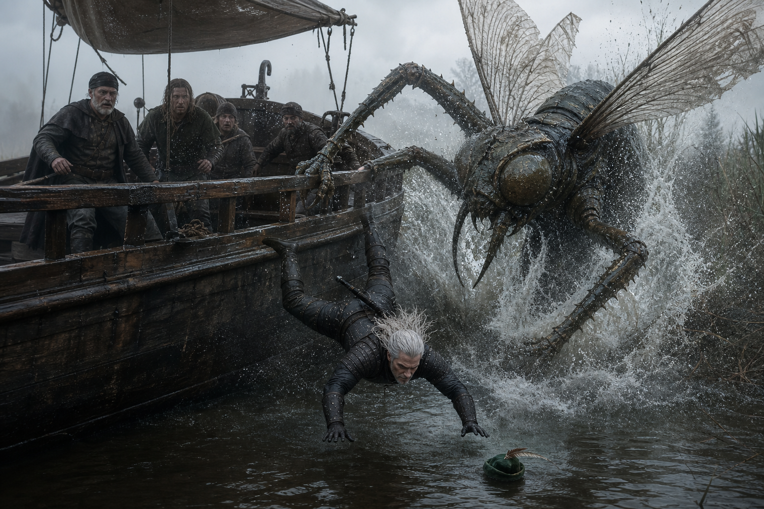 Żagnica uderza przy burcie szkuty, gdy Geralt skacze do wody za Everettem.