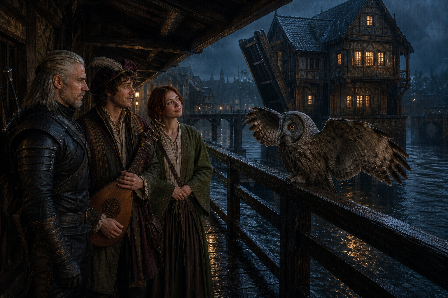 Geralt, Jaskier i Shani patrzą na szarą sowę przy domu na palach nad kanałem.