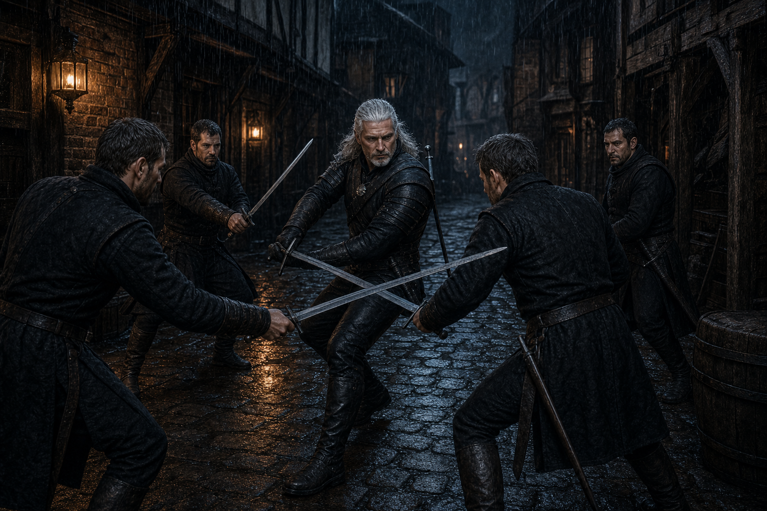 Geralt walczy z czterema braćmi Micheletami w mokrym oxenfurckim zaułku.