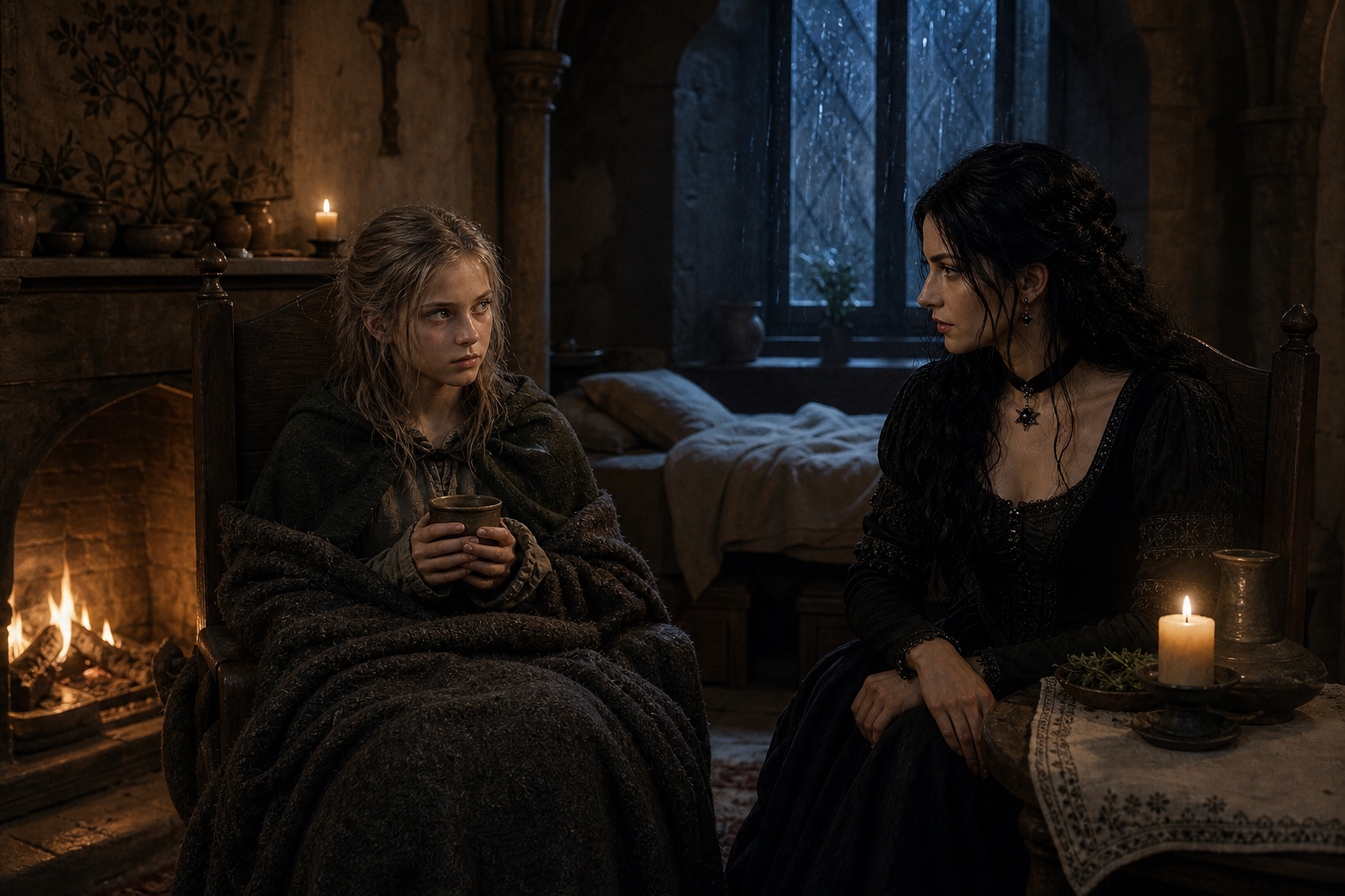 Yennefer czuwa przy łóżku osłabionej Ciri w świątyni Melitele.