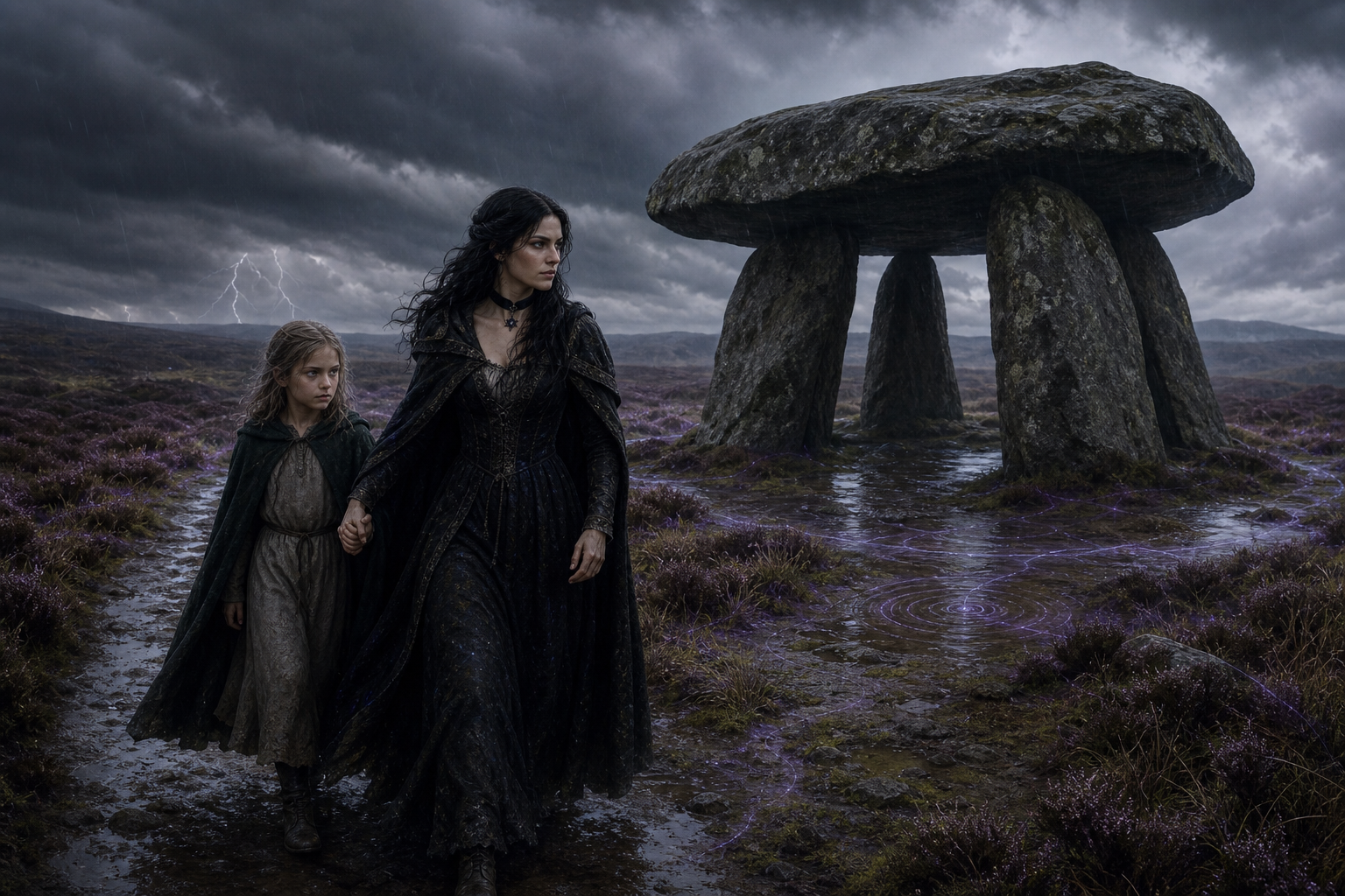 Yennefer prowadzi Ciri przez burzę ku pradawnemu głazowi na wrzosowisku.