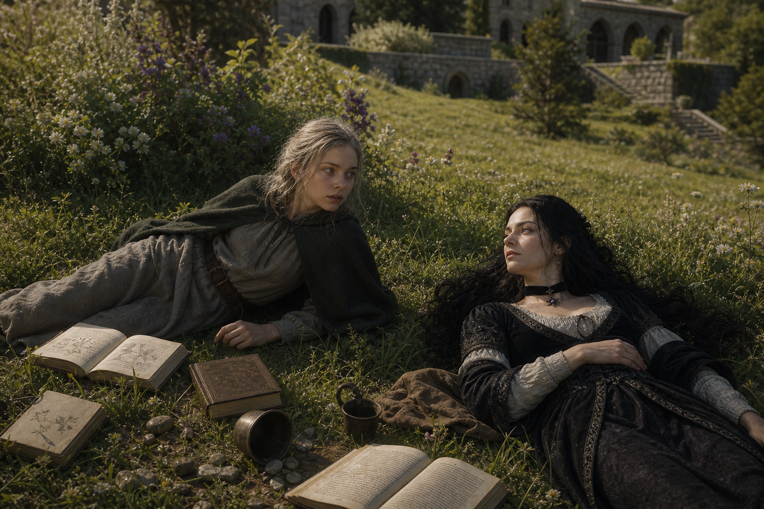 Ciri i Yennefer leżą na trawie podczas pierwszej świadomej rozmowy telepatycznej.