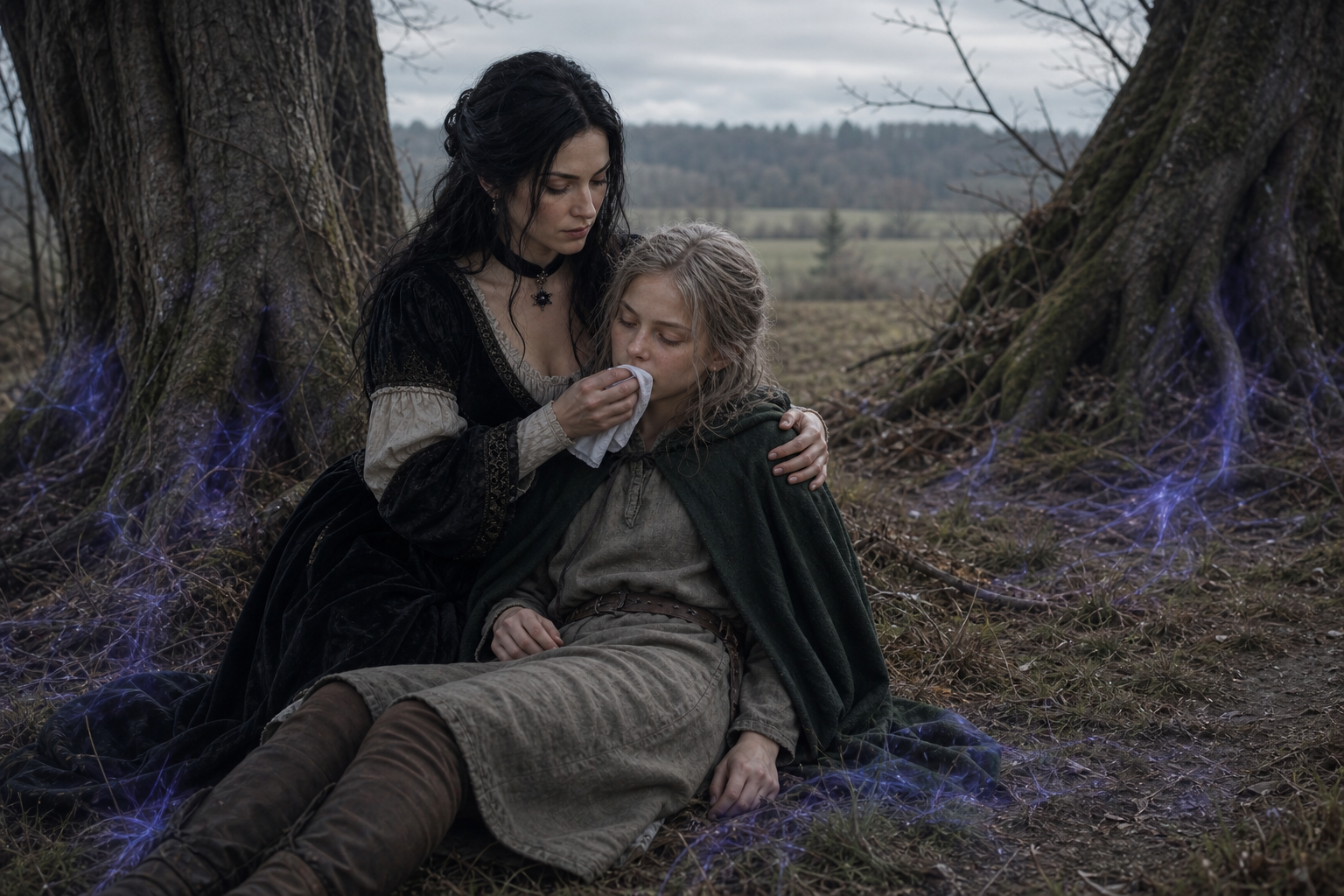 Yennefer podtrzymuje Ciri po wyczerpującym pierwszym czerpaniu mocy.