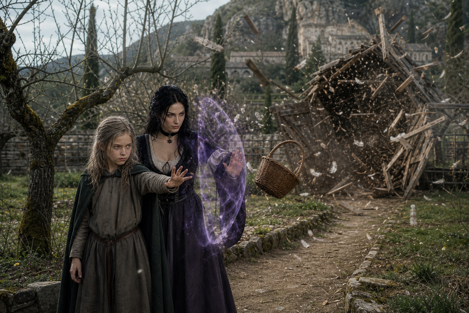 Ciri rozbija drewnianą szopę podczas ćwiczenia psychokinezy z Yennefer.