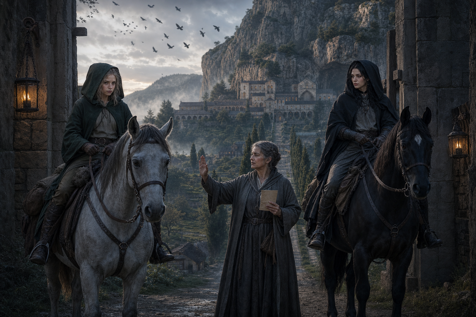 Ciri i Yennefer żegnają Nenneke przed wyjazdem ze świątyni o świcie.