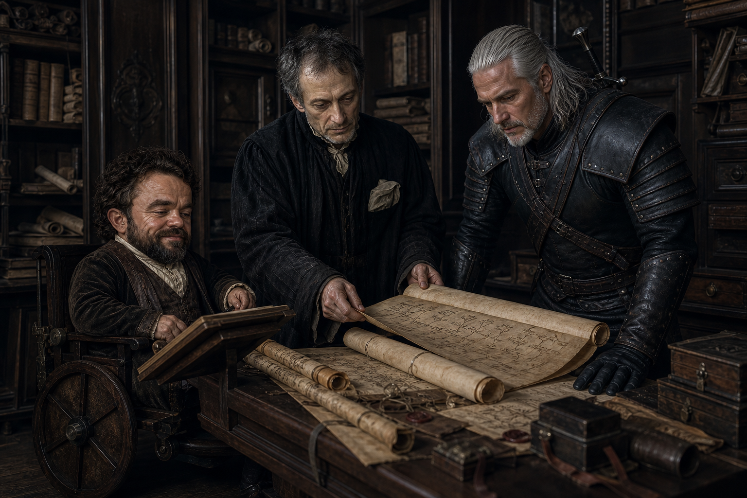 Jakub Fenn, Codringher i Geralt studiują pergaminy w ukrytym archiwum.