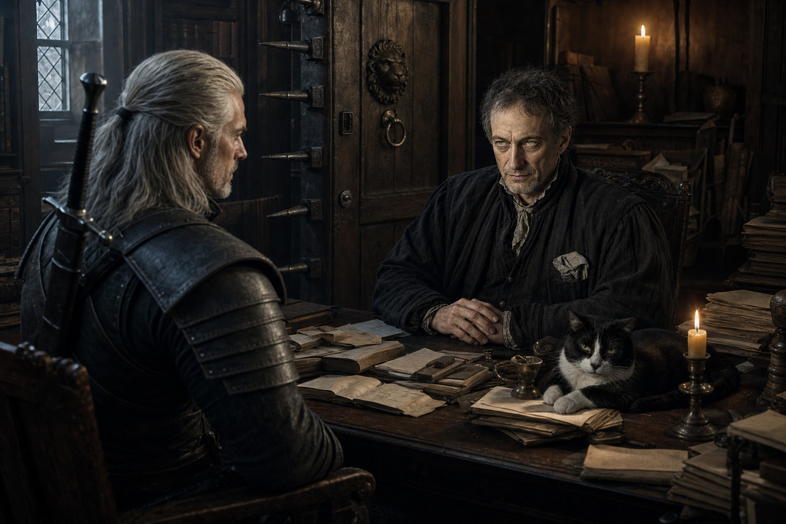 Geralt rozmawia z Codringherem w kantorze pełnym dokumentów i pułapek.