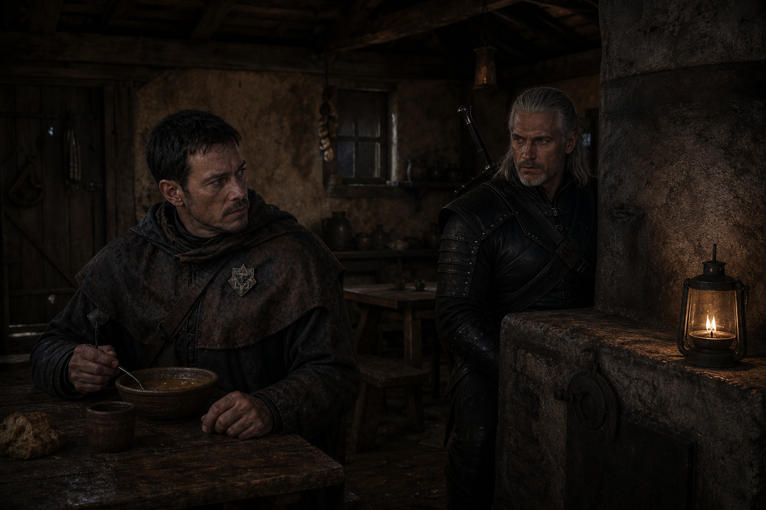 Geralt ostrzega Aplegatta w ciemnej izbie zajazdu Anchor.