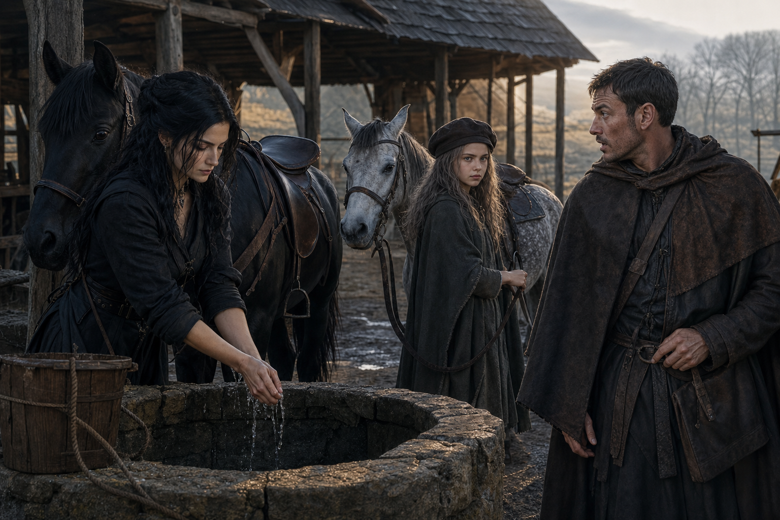 Aplegatt spotyka o świcie Yennefer i Ciri przy stajennej studni.