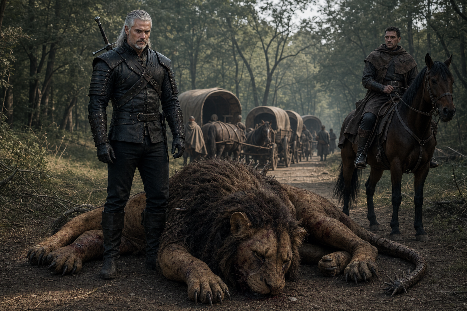 Geralt stoi przy pokonanej mantikorze na leśnym trakcie, obserwowany przez Aplegatta.