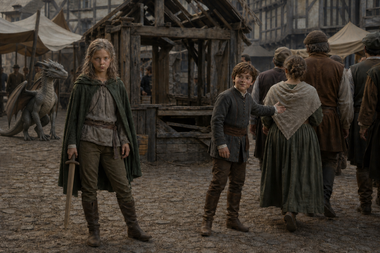 Ciri staje z mieczem przed wywerną uwolnioną na rynku Gors Velen.