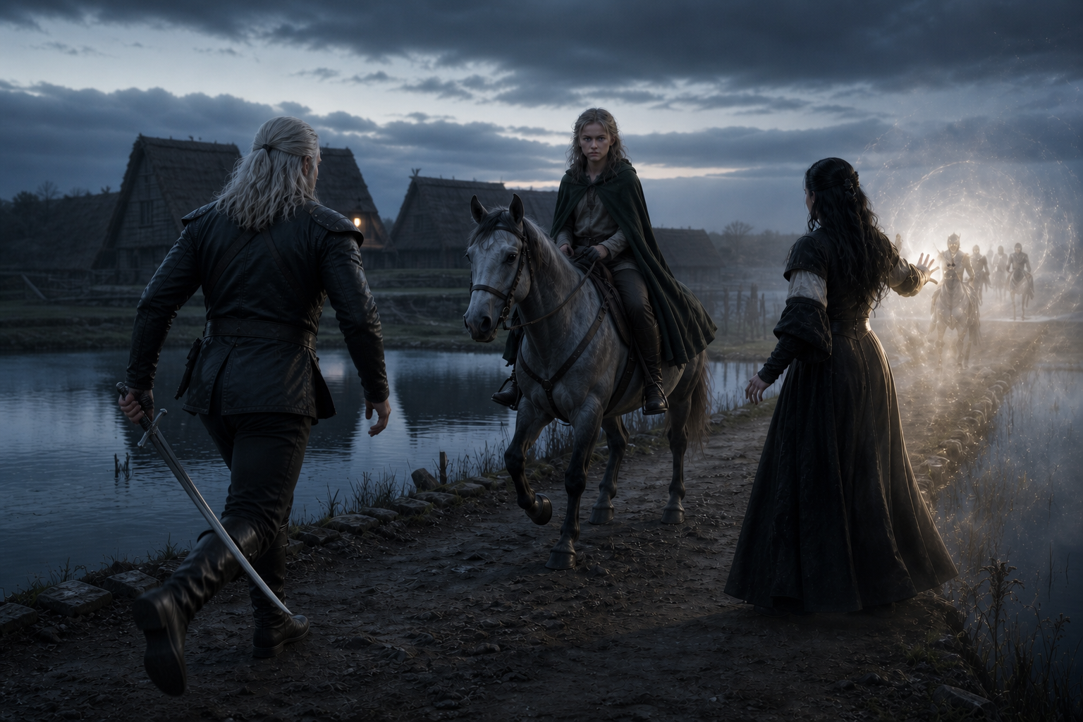 Geralt i Yennefer wychodzą naprzeciw Ciri ściganej na grobli przez widma.